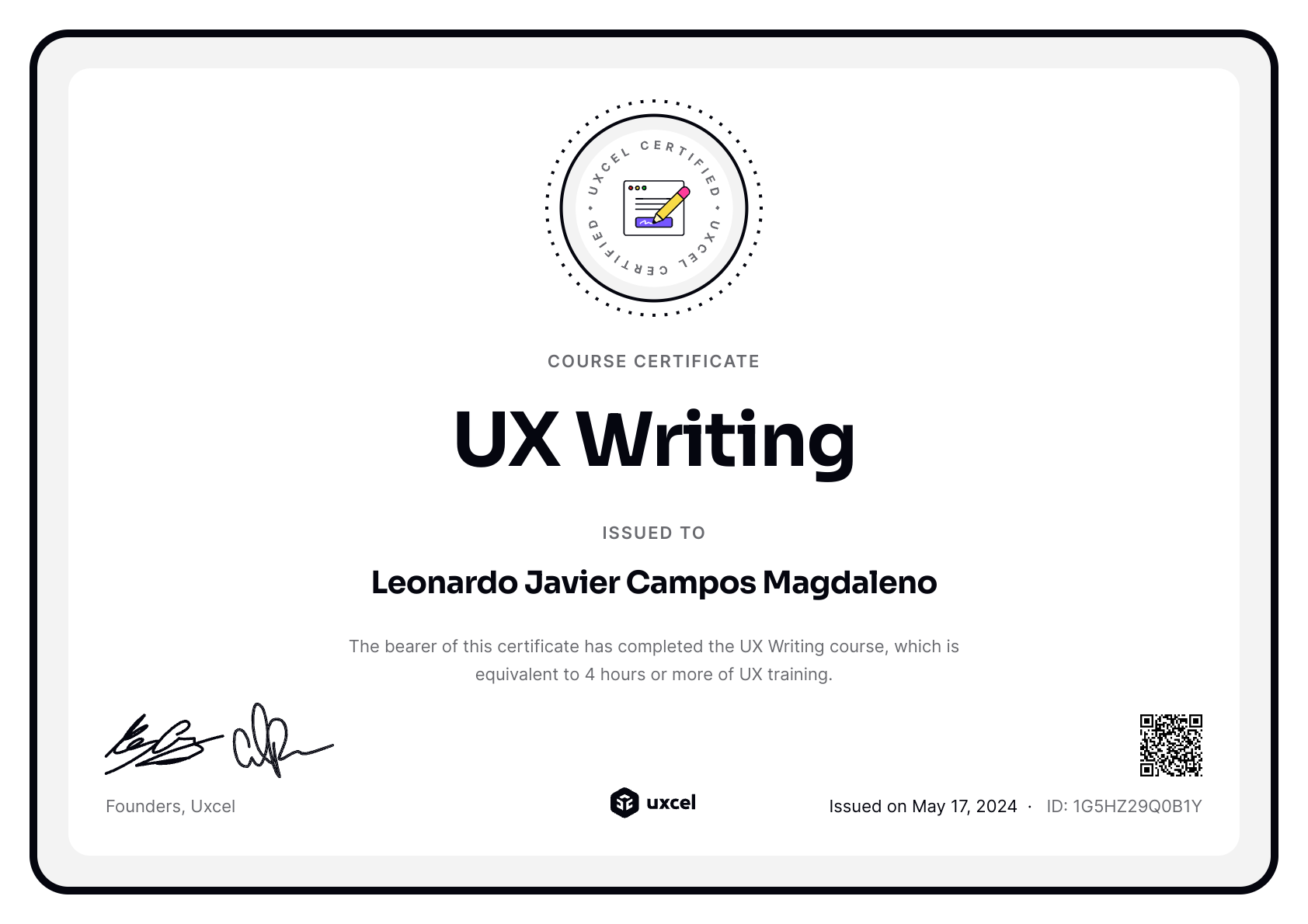 Leonardo Javier Campos Magdaleno's certificate